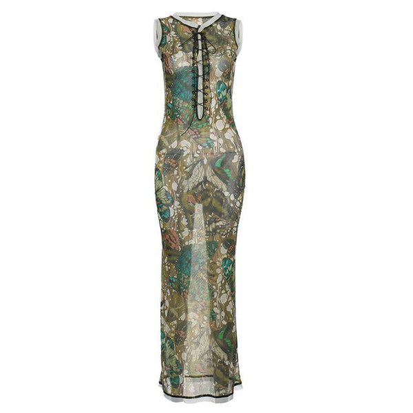 Sleeveless crewneck lace up print sheer mesh maxi dress  | samba dress