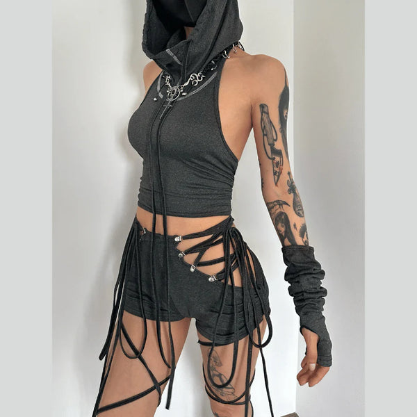 Lace up hollow out self tie drawstring high rise pant set