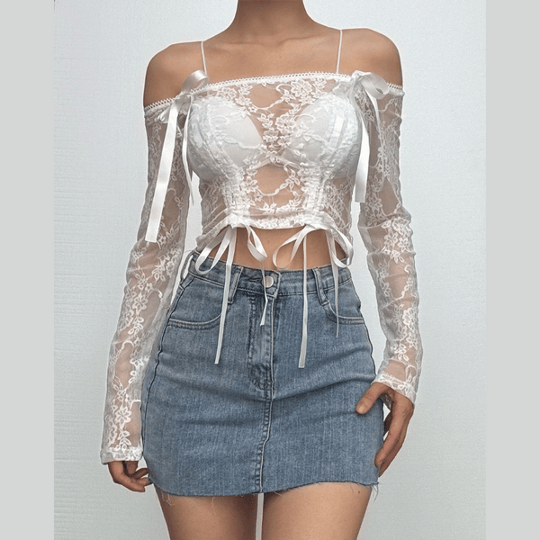 Long sleeve off shoulder bowknot lace ribbon top