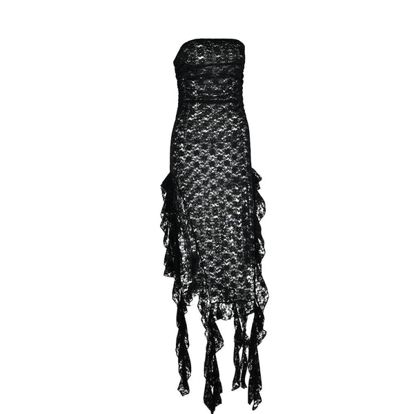 Robe mi-longue tube transparente à volants en dentelle unie et fente haute 