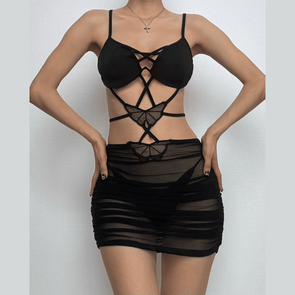 Cross front butterfly mesh hollow out cami mini dress  | black rave dress