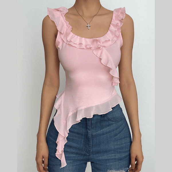 Ruffle u neck solid sleeveless irregular crop top