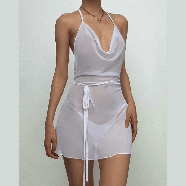 Halter cowl neck sheer mesh ruffle mini dress  | red tango dress  | samba dress