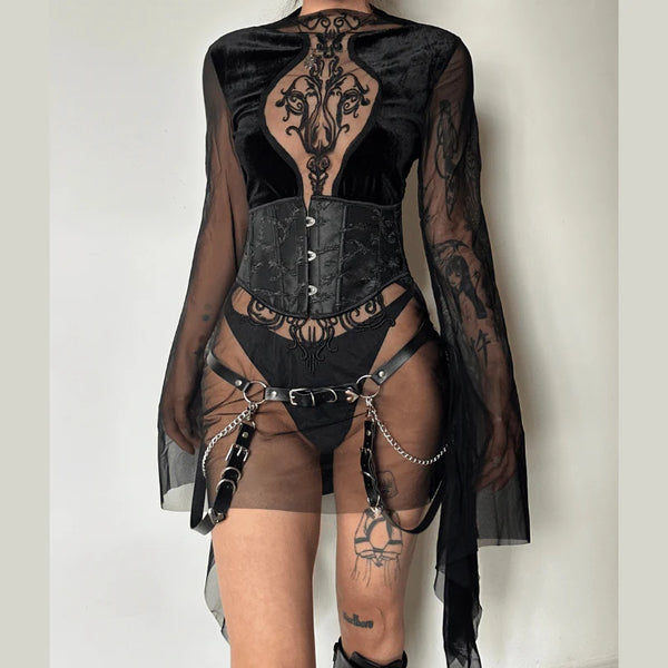 Mesh crewneck long sleeve see through embroidery mini dress