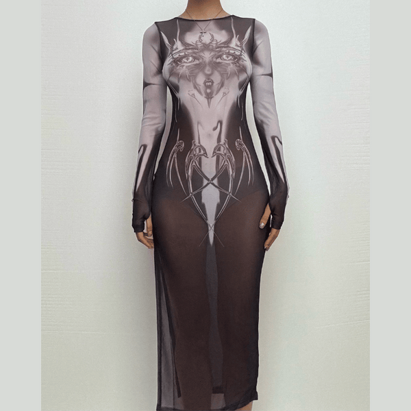 Robe midi à manches longues en maille transparente imprimée | robe samba 