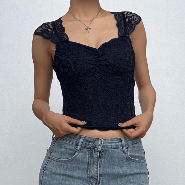 Haut en dentelle patchwork froncé à manches courtes 