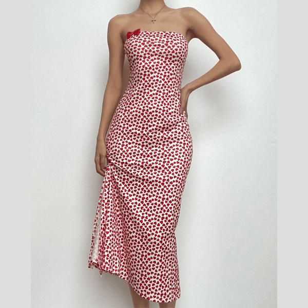 Robe mi-longue tube à imprimé cœur, fente contrastée, nœud papillon, dos nu | robe tango rouge 