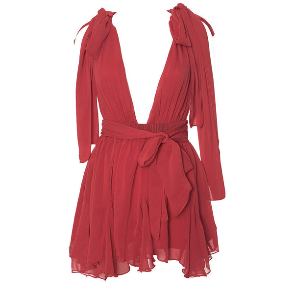 Deep v neck chiffon backless knotted ruffle mini dress  | red tango dress