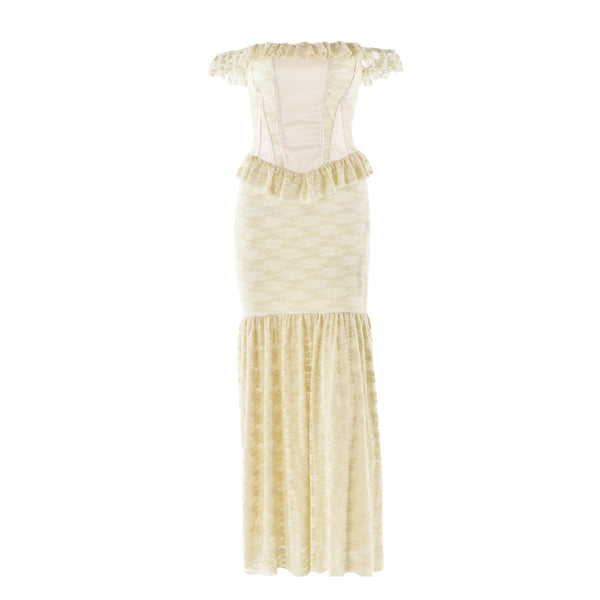 Off shoulder bustier lace patchwork ruched maxi dress