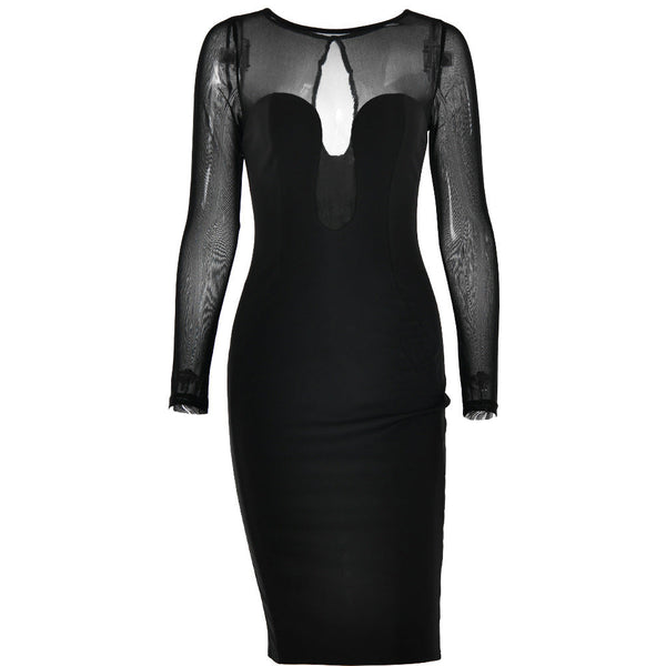 Long sleeve mesh patchwork button midi dress  | red tango dress
