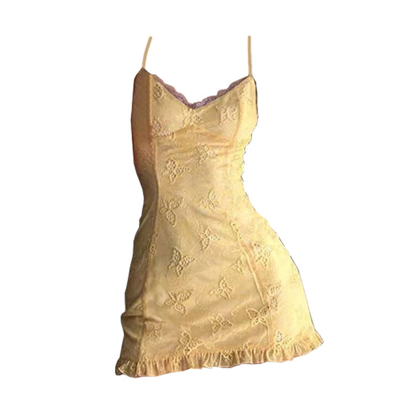 V neck lace ruffle butterfly pattern cami mini dress