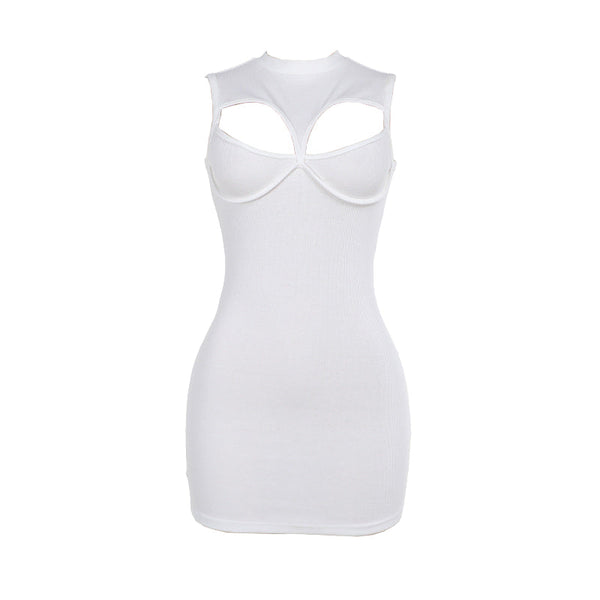 Crewneck sleeveless hollow out ribbed mini dress