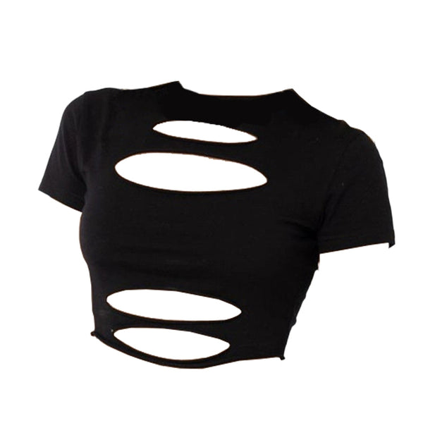 Short sleeve crewneck hollow out solid crop top