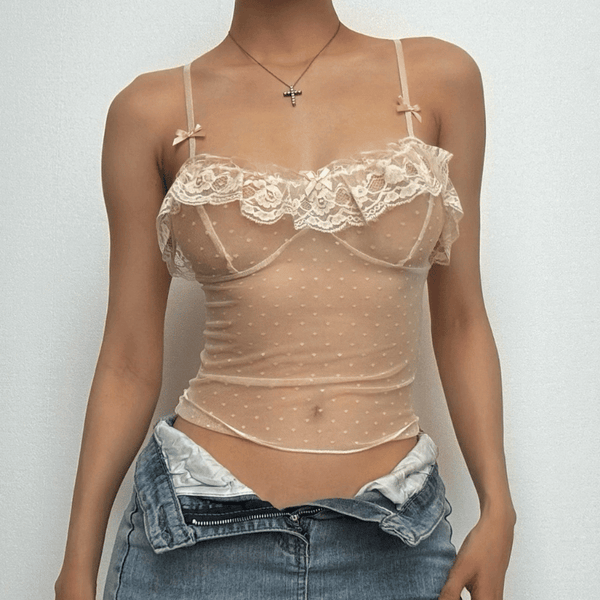Haut caraco en maille transparente avec nœud papillon et volants 