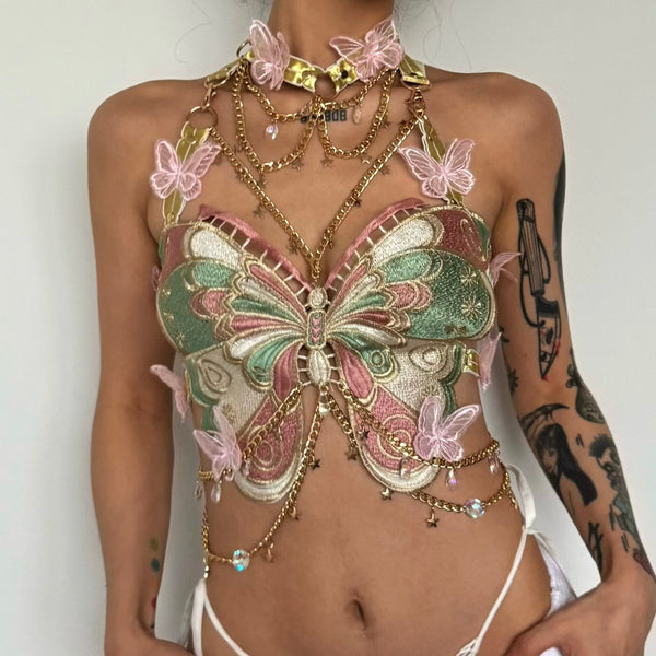Butterfly embroidery metal chain halter top with choker
