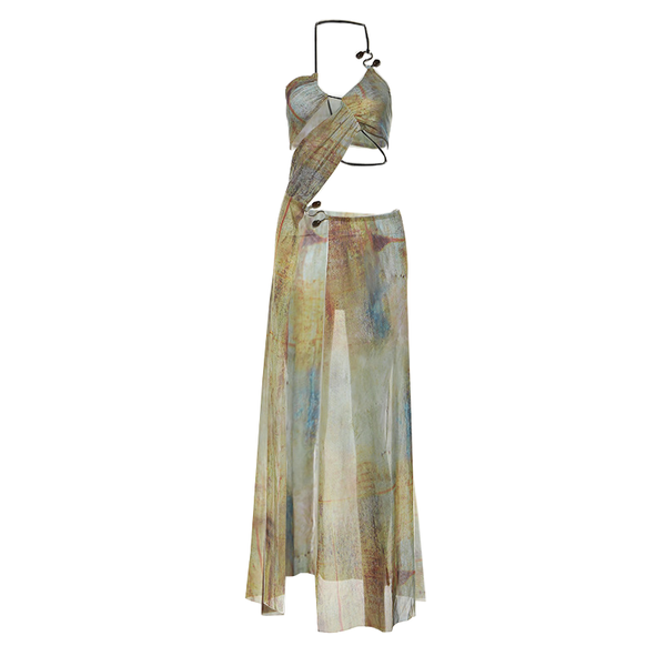 Robe longue en maille transparente irrégulière tie dye avec cordon de serrage et dos nu | Robe Samba 