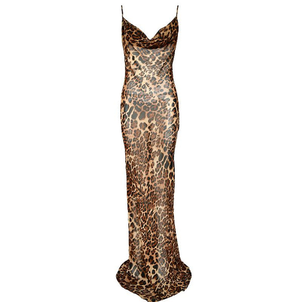 Leopard print cowl neck sheer mesh cami maxi dress  | samba dress