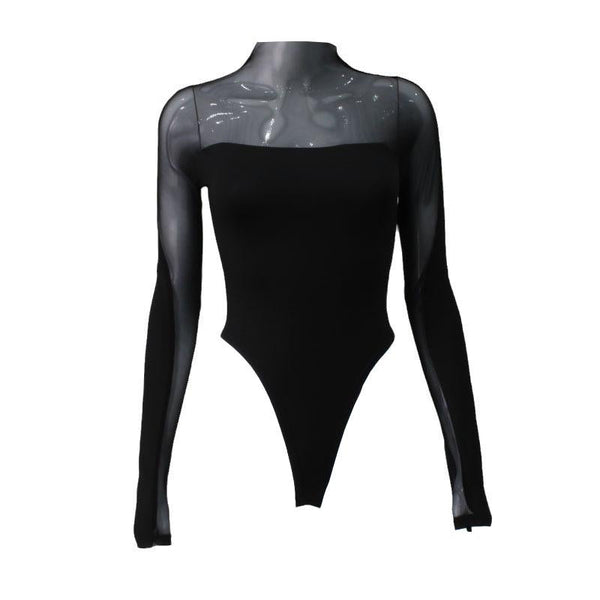 Long sleeve high neck mesh patchwork bodysuit