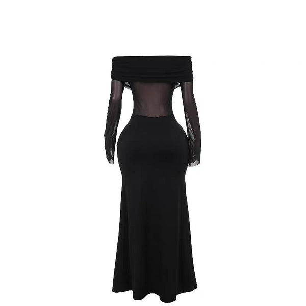 Robe longue froncée en maille à manches longues et épaules dénudées 