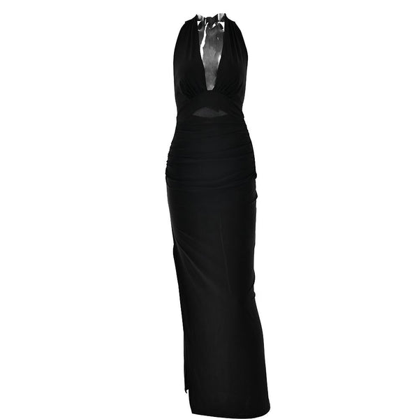Halter deep v neck slit backless ruched maxi dress