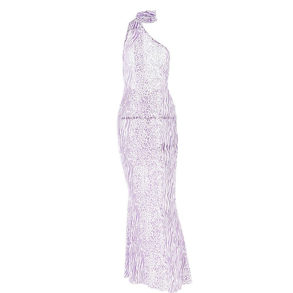 Halter one shoulder leopard print sheer mesh maxi dress  | samba dress