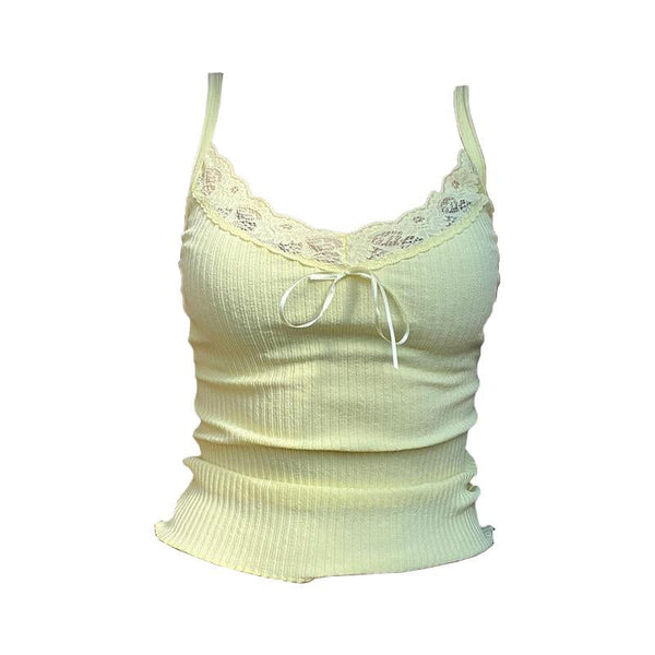 Haut camisole côtelé à col en V et ourlet en dentelle avec nœud papillon