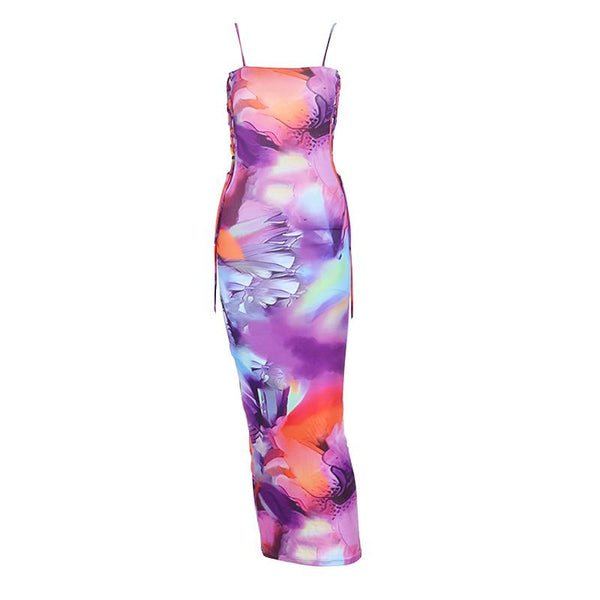 Print lace up backless contrast cami midi dress