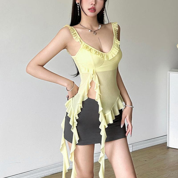 Haut camisole uni en maille transparente avec col en U et fente à volants 