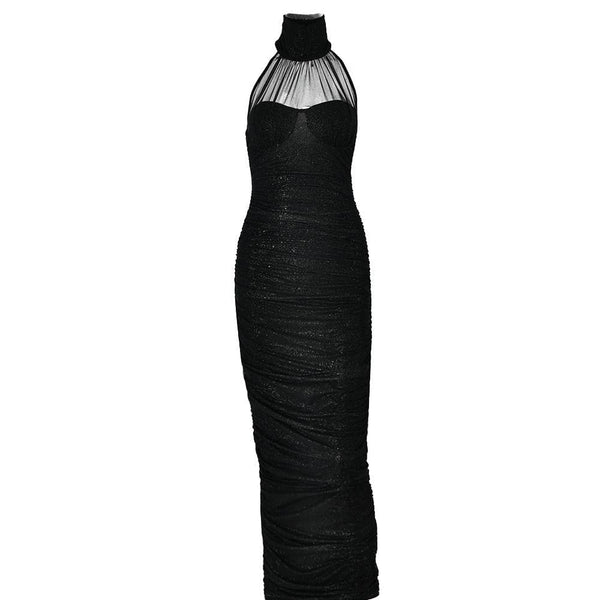 Robe longue fendue à col montant et paillettes, avec fermeture éclair et dos nu 