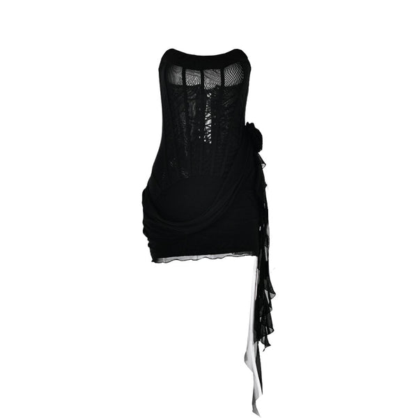 U neck bustier ruffle flower applique tube mini dress