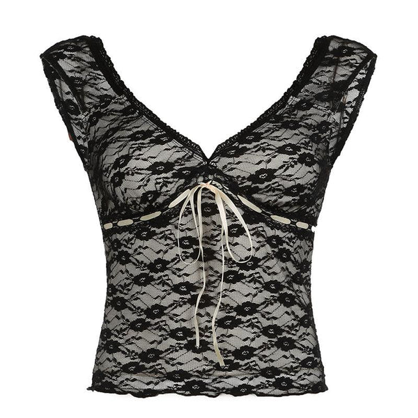 Cap sleeve v neck lace knotted backless top