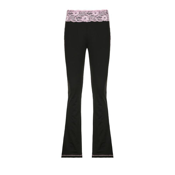 Pantalon taille haute à ourlet en dentelle et coutures contrastées 