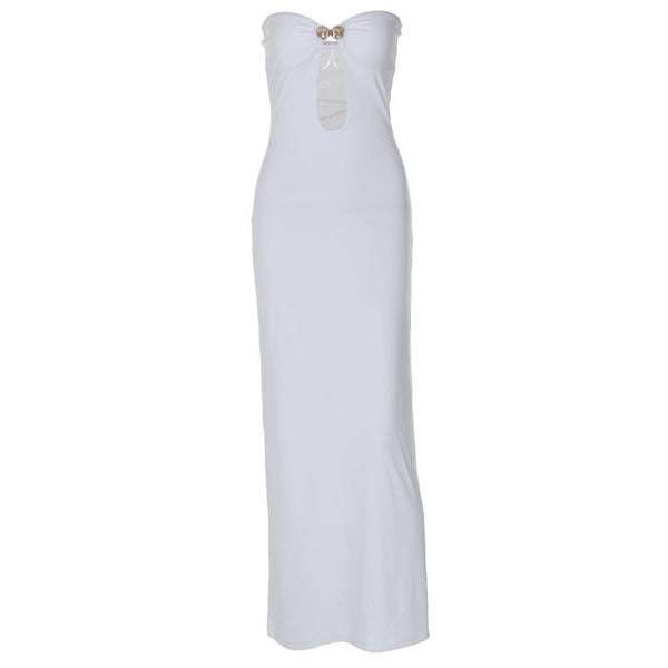 Sweetheart neck shell metal tag button hollow out tube maxi dress