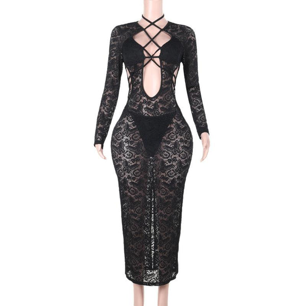 Robe longue en dentelle à manches longues et devant croisé 