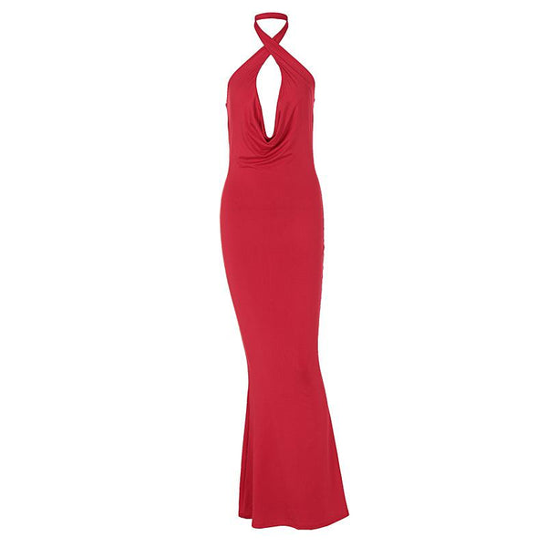 Halter ruched backless solid cross front maxi dress  | red tango dress