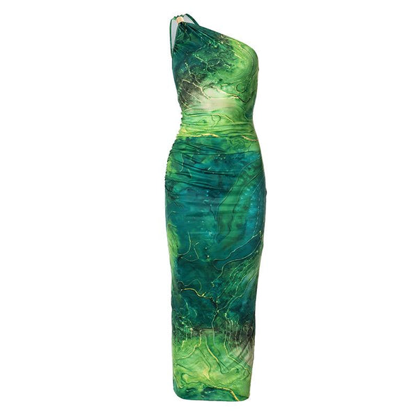 One shoulder print ruched maxi dress  | red tango dress