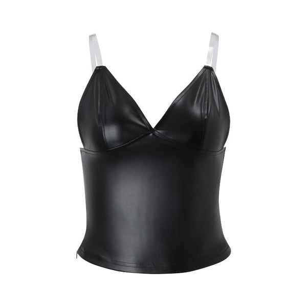 Haut caraco col V en cuir PU 