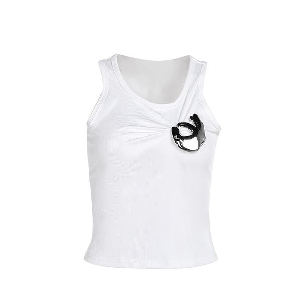 Metal applique ruched solid tank top