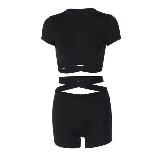 Short sleeve crewneck hollow out backless pant set