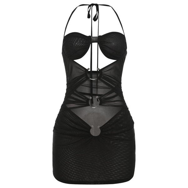 Sheer mesh halter self tie hollow out ruched mini dress  | samba dress