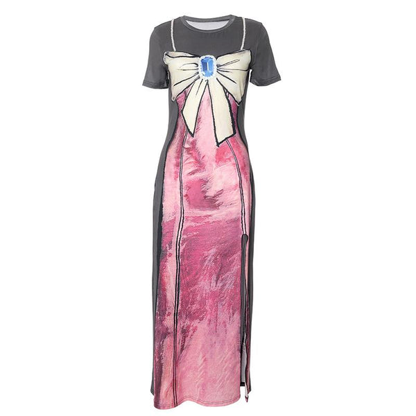 Robe longue fendue haute à imprimé body et manches courtes 