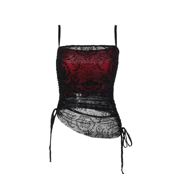 Haut caraco patchwork froncé avec cordon de serrage en dentelle 