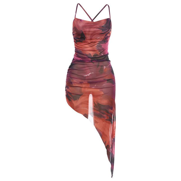 Sheer mesh cross back ruched print irregular cami midi dress  | samba dress