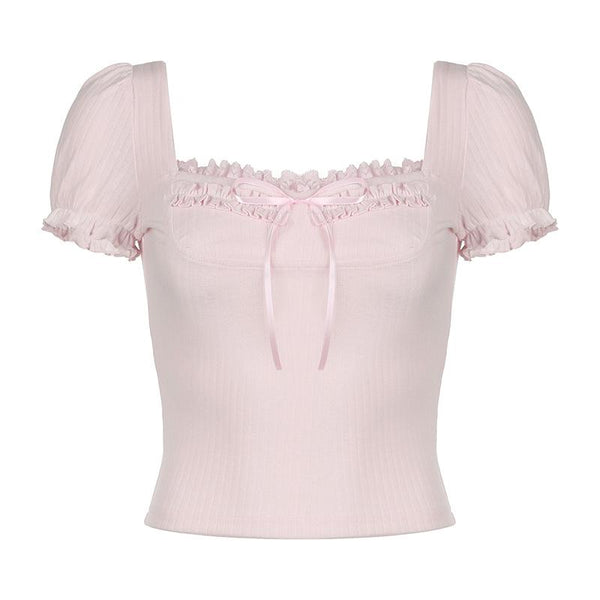 Short puff sleeve ribbed bowknot ruffle top