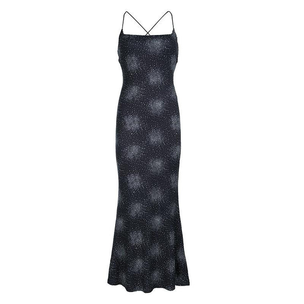 Print cross back backless cami maxi dress  | black rave dress
