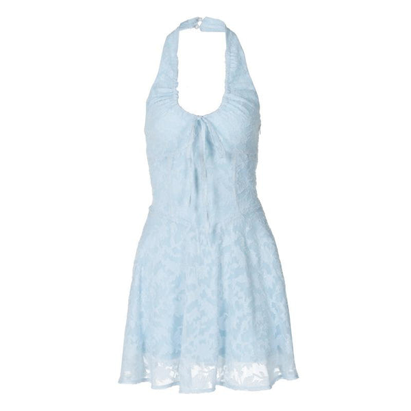 Halter textured knotted ruched button mini dress