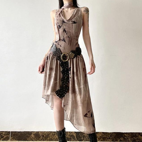 Sleeveless cowl neck print irregular ruched midi dress