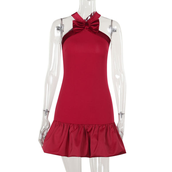 Mini-robe dos nu à volants et nœud croisé dans le dos 