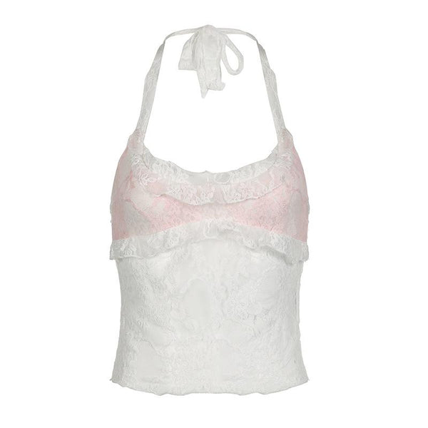Halter u neck lace hem ruffle top