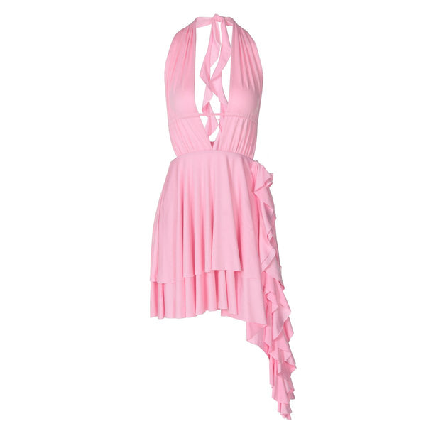 Halter low cut ruffle ruched mini dress